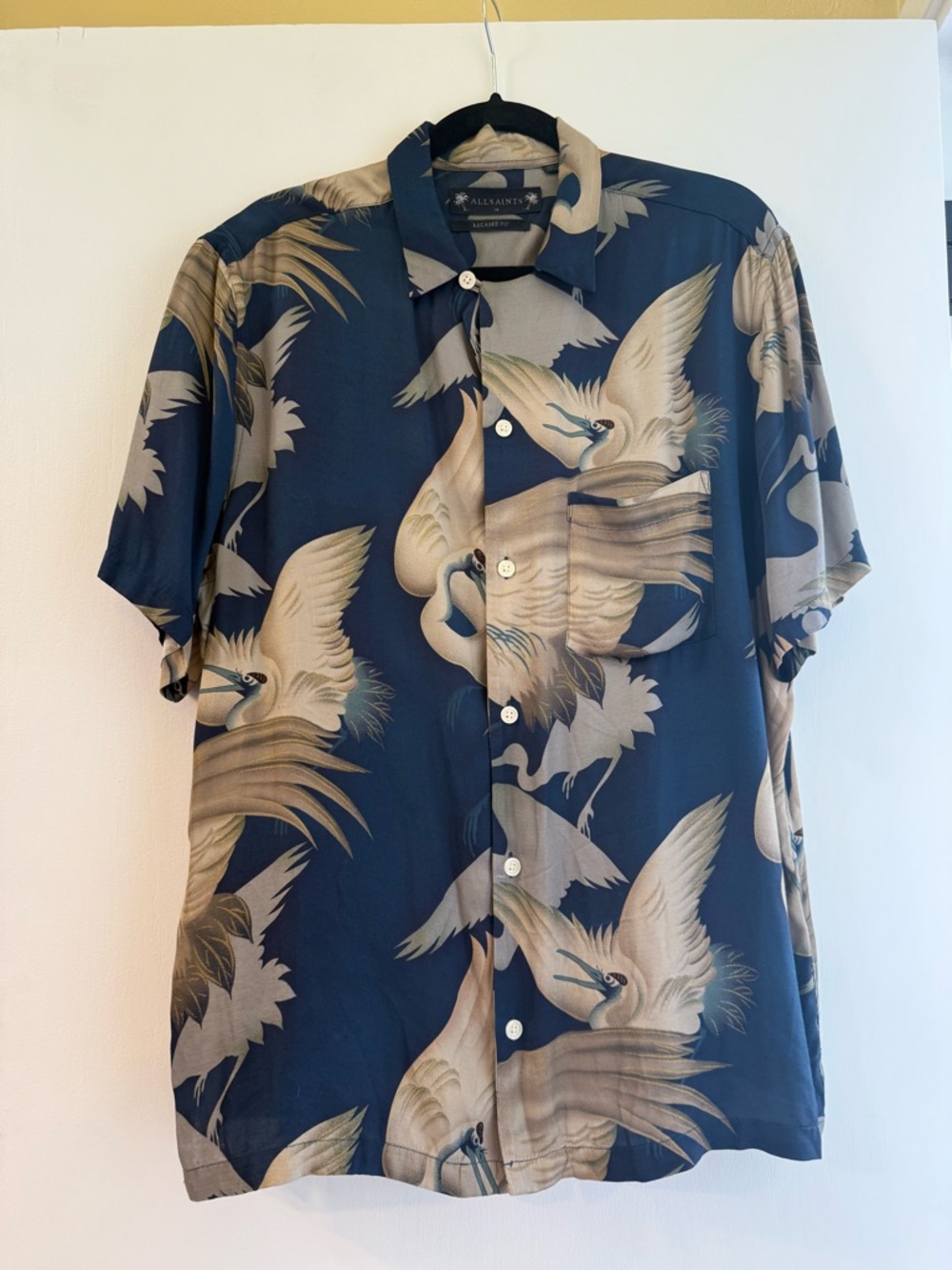 All Saints Navy and Beige Crane-Print Short-Sleeve Button Shirt